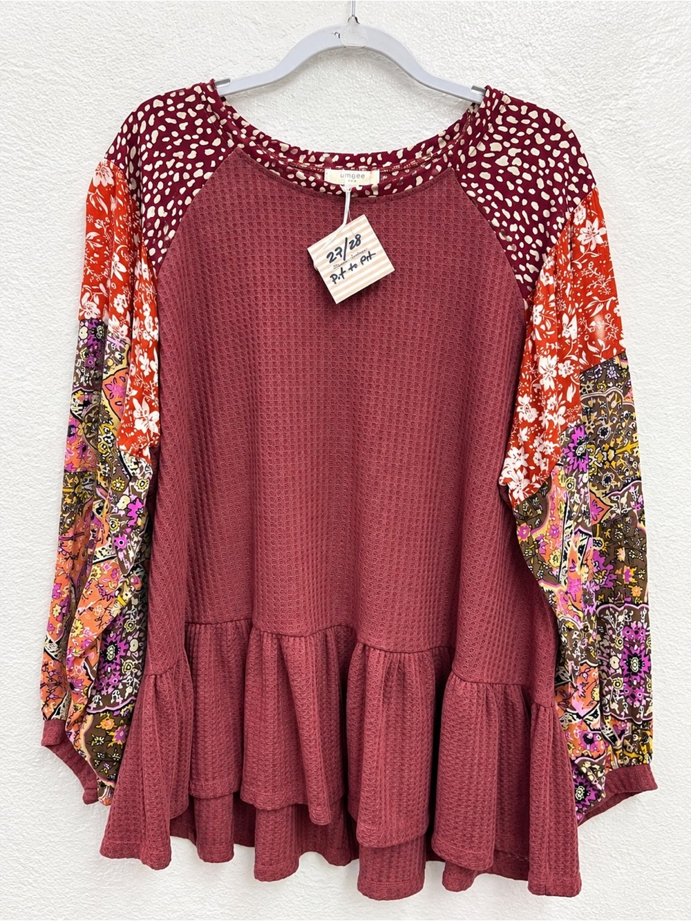 Umgee Burgundy Waffle Knit Peplum Top with Multi Floral Raglan Sleeves
